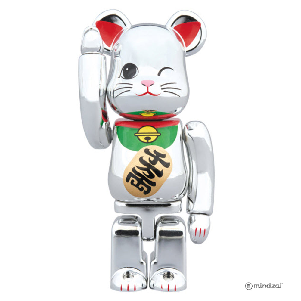 Tokyo Skytree Silver Metallic Maneki Neko Lucky Cat 100% Bearbrick - Winking